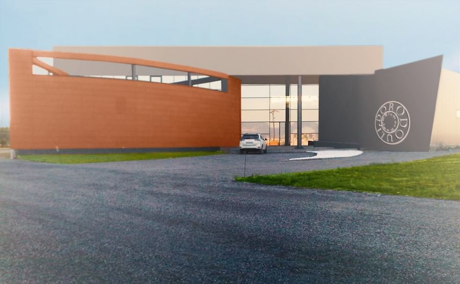 front view of the building that says 'DORODOULI' on part of the wall